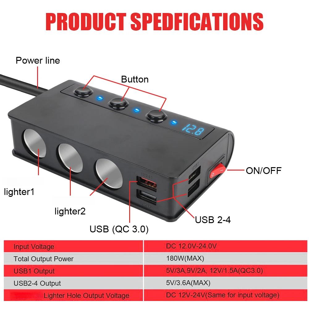180W 4 Port USB Charging Socket Splitter Quick Charge 12V 24V for Phone IPad 3.0 Car Charger Adapter