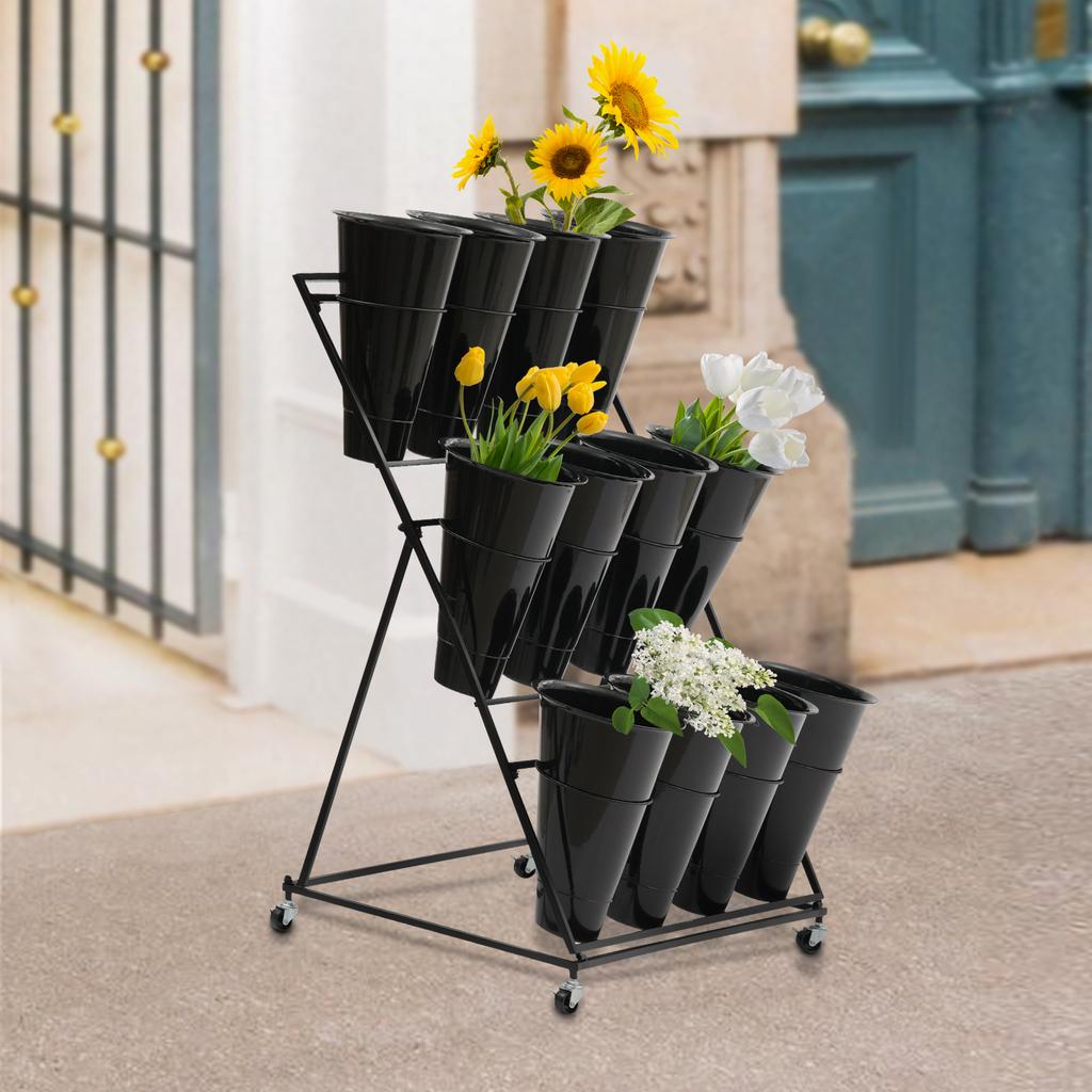3 Tiers Iron Flower Stand W/12 Plastic Flower Buckets ,Suitable for Organizing and Displaying Potted Plants