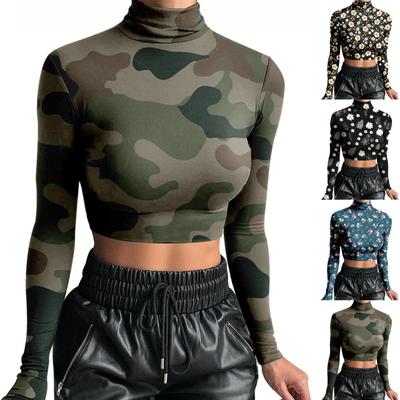 Dames Casual Bedrukt Slim Fit Hoge Hals Lange Mouw Kort Onderstuk Shirt Top