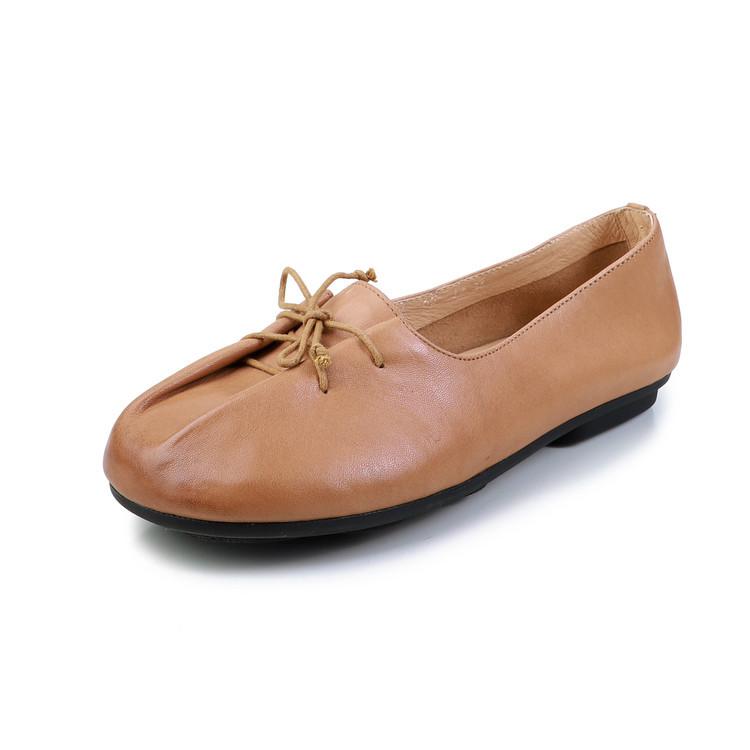 Retro handmade pleated flat-bottomed lace-up casual single shoes 2025 new cowhide round head soft-faced grandma shoes Doudou shoes