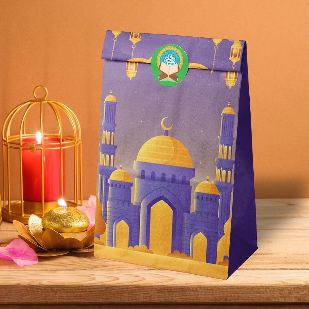 12PCS Eid Al-Fitr Ramadan Flat Open Bag Kraft Paper Multicolor Candy Bag Mixed Pattern with Stickers Packing Bag Eid Mubarak