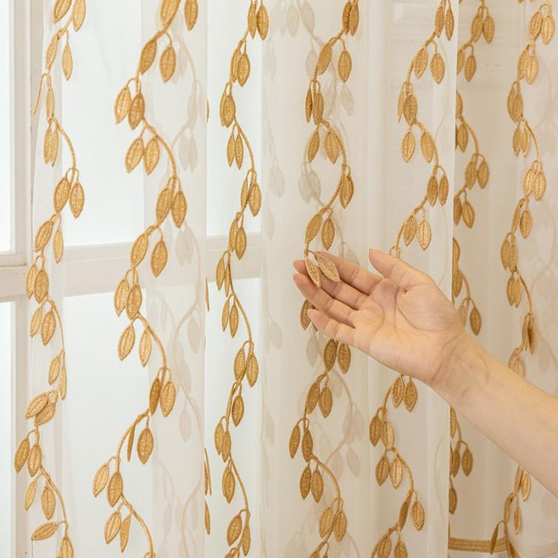Embroidered Leaf Sheer Curtain Panel Modern Minimalist Window Treatment Living Room Dining Bedroom