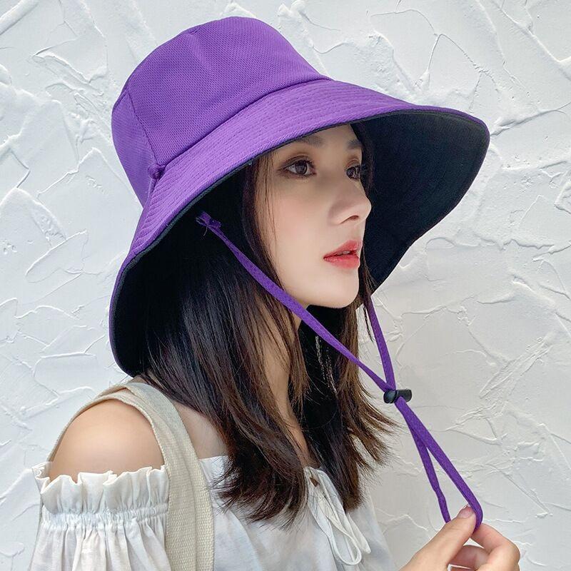 Double Sided Solid Color Flat Top Leisure Large Eave Fisherman Hat Lightweight Shading Foldable Detachable Windproof Rope