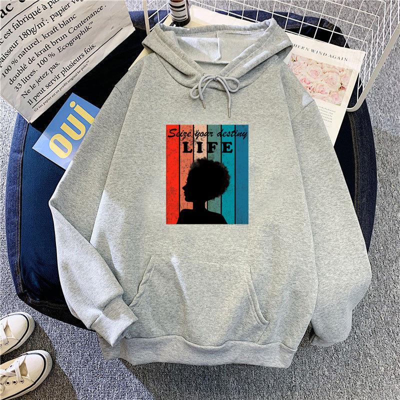 Women Autumn Winter Plush Thickened Hoodie Hooded Ladies Printed Oversize Loose Long Sleeves Pullover Sweatshirt