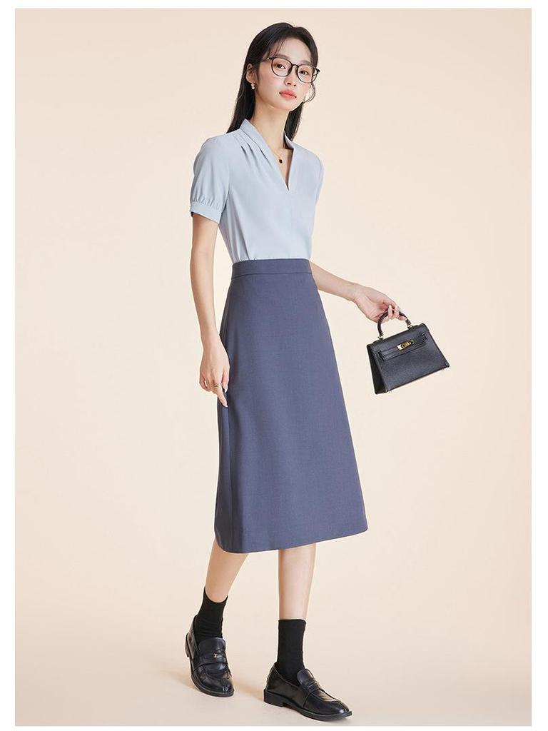 Women's Professional Short Sleeve V-Neck Satin Blouse - Iron-Free, Wrinkle-Resistant, Blue.