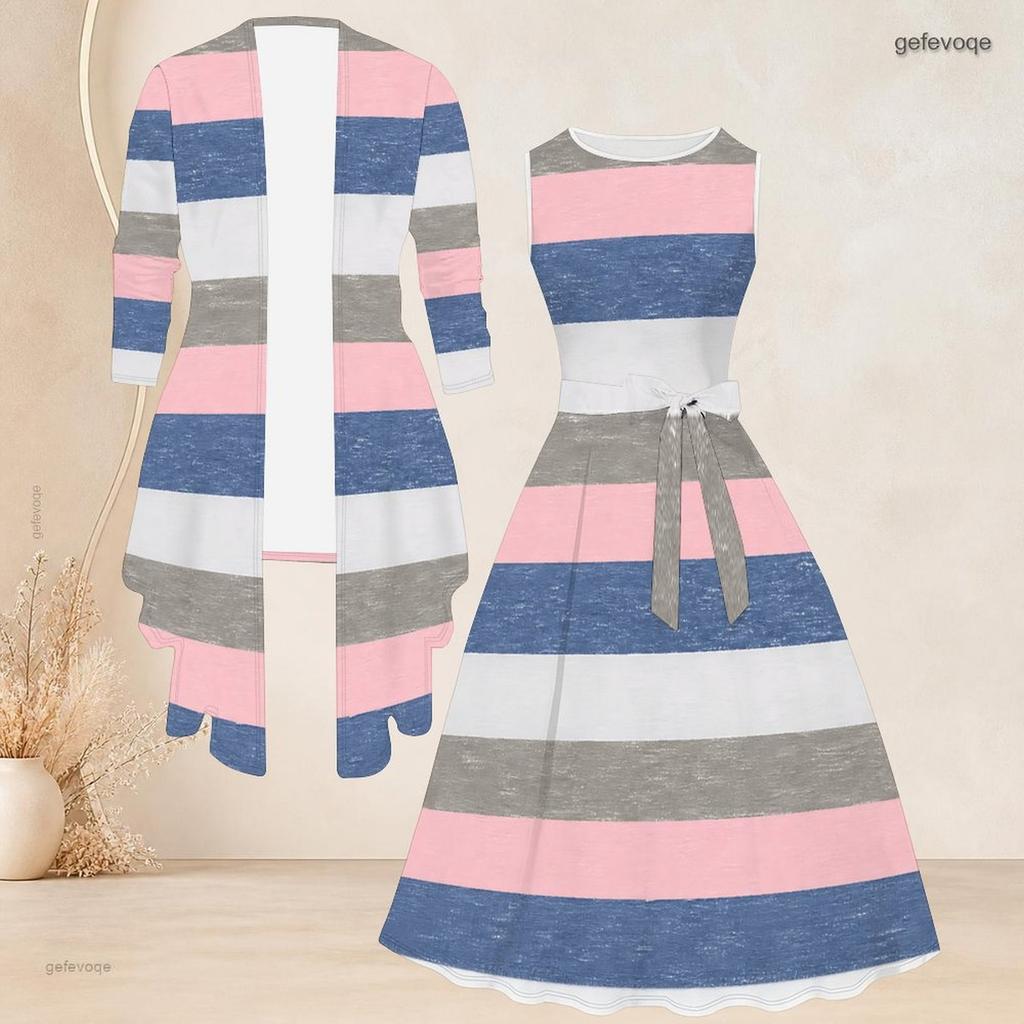 Women Plus Size Two Piece Set Printed Sleeveless Round Neck Tie Waist Flared Dress And Three Quarter Sleeve Cardigan