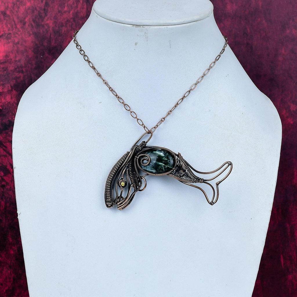 Seraphinite Gemstone Pendant Copper Wire Wrapped Pendant Fish Handmade Jewelry