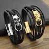 New Gold-plated Stainless Steel Skull Scalp Leather Bracelet Hand Woven Magnetic Buckle Multi-layer Leather Bracelet for Men