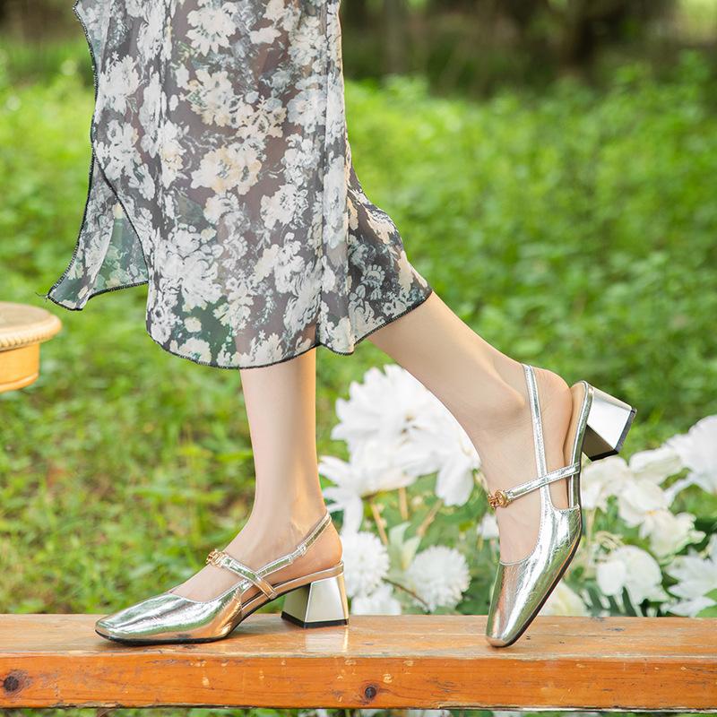 Thick Heel Square Head Single Shoes Women's High Heel Medium Heel Sheepskin Back Strap Mary Jane Shoes with Sandals