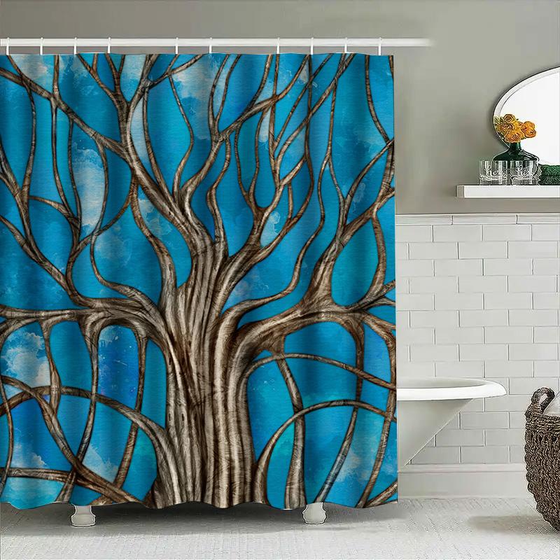 Artistic Blue Watercolor Tree Shower Curtain Tumble Dry Quick Drying Bathroom Decor 72 Inch By 39 Inch