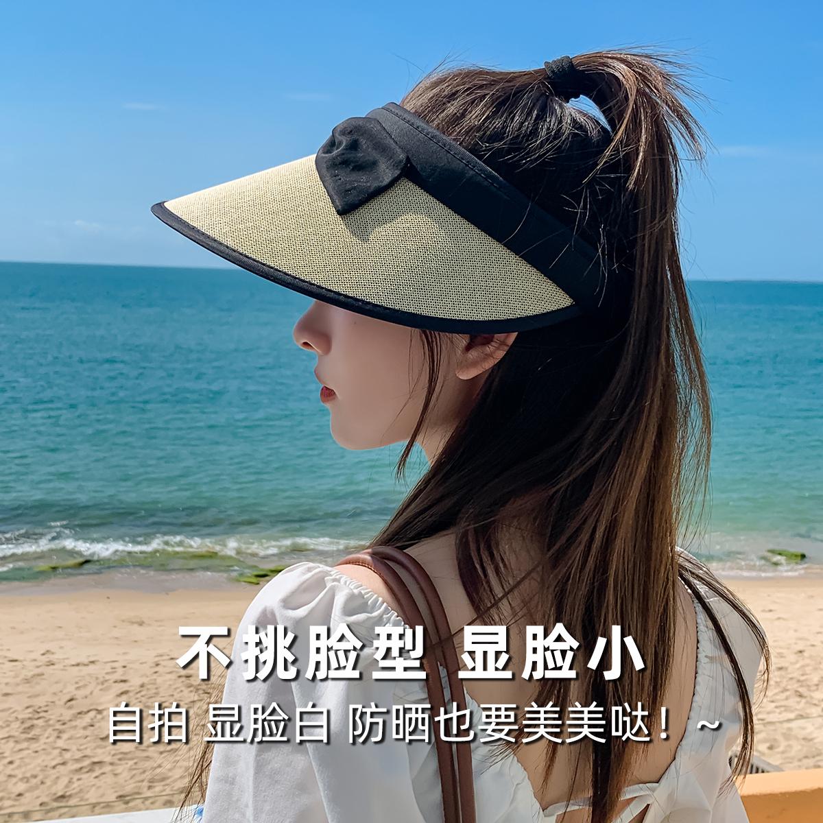 

UV sunscreen straw hat women s summer cycling anti-ultraviolet sun cover big eaves cover face empty top show face small hat headband type чорний