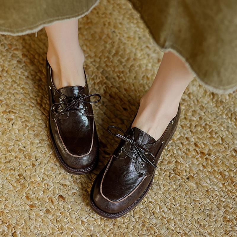 Fashion NEW Spring/Autumn Women Loafers Round Toe Chunky Heel Shoes Genuine Leather Shoes for Women Lace-up Women Pumps Handmade Shoes