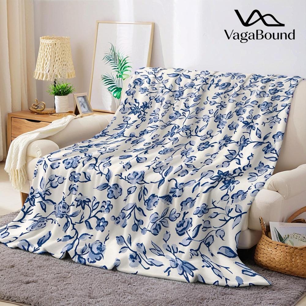 Blue Floral Watercolor Flannel Blanket Warm Soft Halloween Christmas Couch Warm Cozy Decorative Decor Gift for All Season