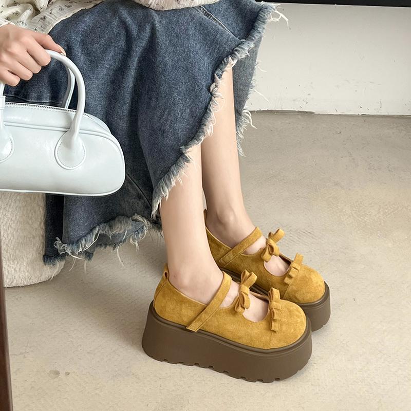 Fashion 2025 New Women Mary Jane Shoes Autumn Round Toe Vintage Bow Knot Platform Shoes Height Increase Comfortable Fashion Single Shoes