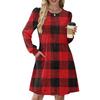 Women's Long Sleeve Pleated Round Neck Plaid Stripe Print Casual Dress With Pockets