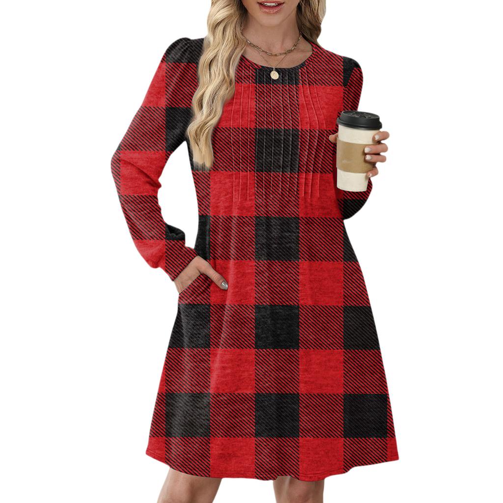 Women's Long Sleeve Pleated Round Neck Plaid Stripe Print Casual Dress With Pockets