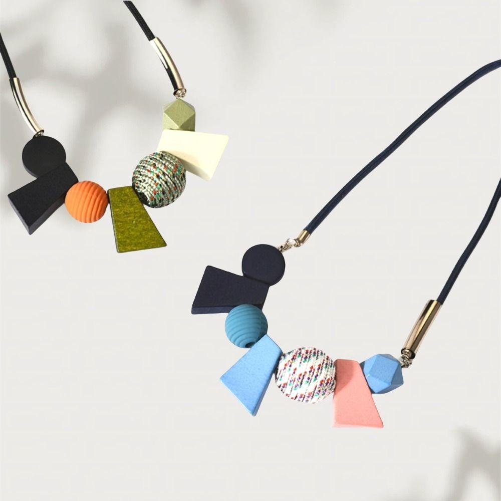 Beads Simple Geometric Necklace Colorful Ethnic Style Necklace Personality Wood Necklace  Daily