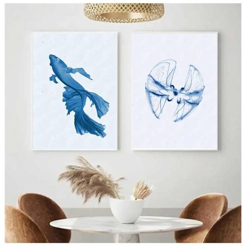 Retro Sea Animal Cyanea Jellyfish Squid Shark Minimalist Art Poster Canvas Painting Wall Prints Picture Living Room Home Decor