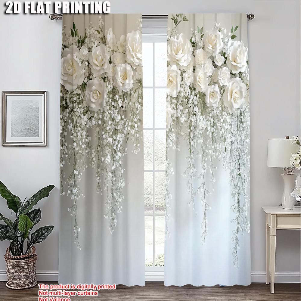 2pcs, Popular Curtains 2D print Elegant White Flowers Polyester Easy Install (without rod) Room Decor Perfect for Bedroom,