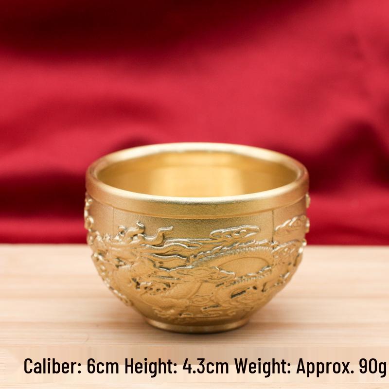 Brass Dragon & Phoenix Cup: Embossed Tea Mug with Hundred Blessings Design - Office Treasure Gathering Basin Ornament
