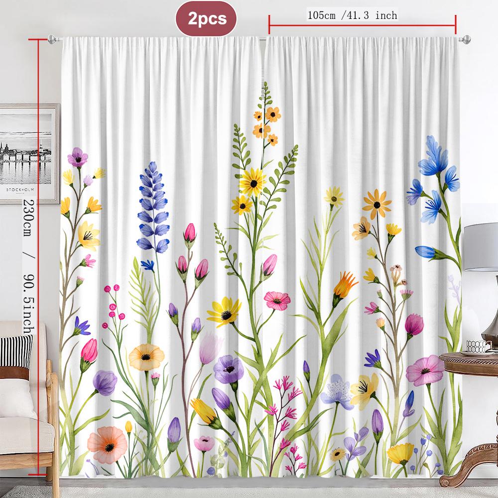 Watercolor Wildflower Curtains Set of 2 Rod Pocket Semi Sheer for Living Room Bedroom Decor