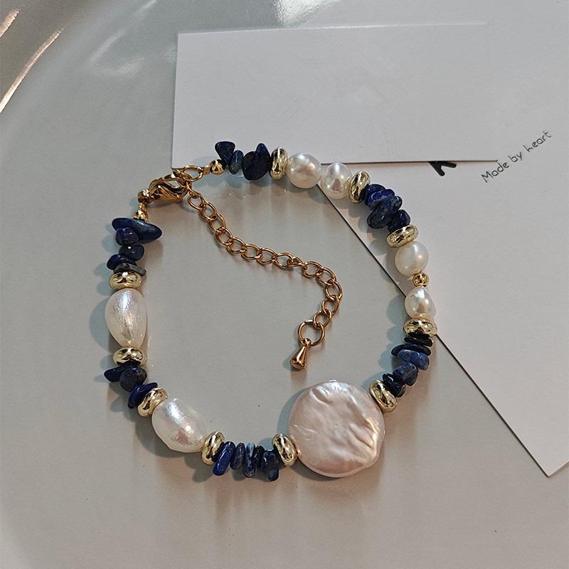 18K Real Gold Copper Chain Exquisite Irregular Natural Stone Lapis Lazuli Freshwater Pearl Beads Beaded Necklace for Women