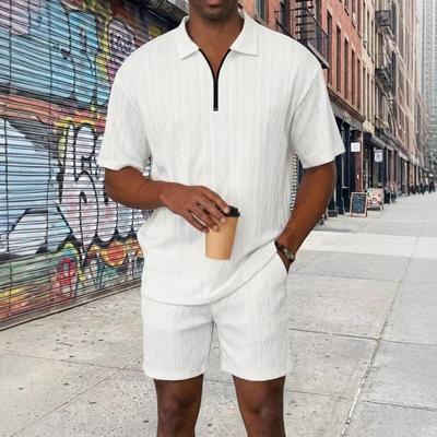 Men Casual Solid Color Textured Zip Up Polo Shirt and Shorts Set
