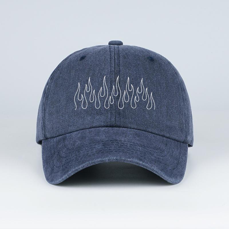 Casquette de baseball lavée à imprimé flammes Douce, Confortable, Respirante, Réglable Tendance Rétro Style Minimaliste Unisexe Trajet Quotidien, bleu marine