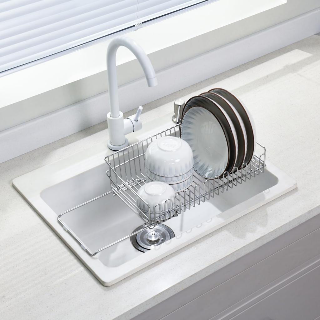 Wowfill Over-the-Sink Extendable Dish Drainer, Stainless Steel, Rust-Resistant and Scratch-Resistant (Silver, 33cm)