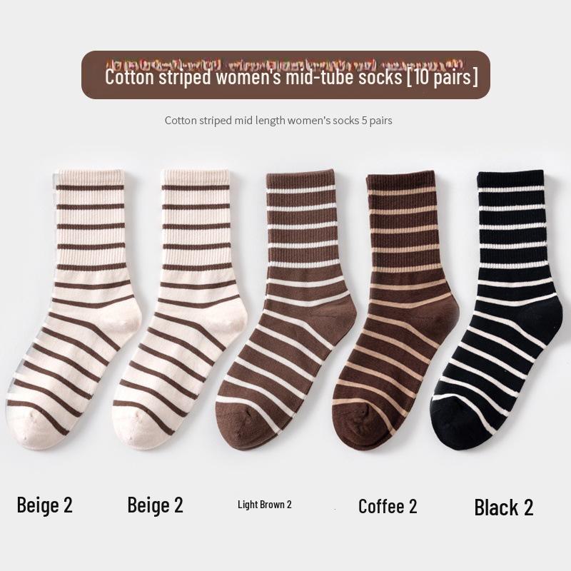 Maillard Women's Striped Mid-Calf Socks - Spring & Autumn Korean Style with Shark Pants