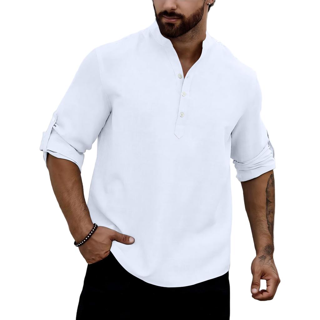 Men Henley Collar Long Sleeve Casual Shirt Lightweight Breathable Fabric Relaxed Fit Roll Up Sleeve Tunic Top