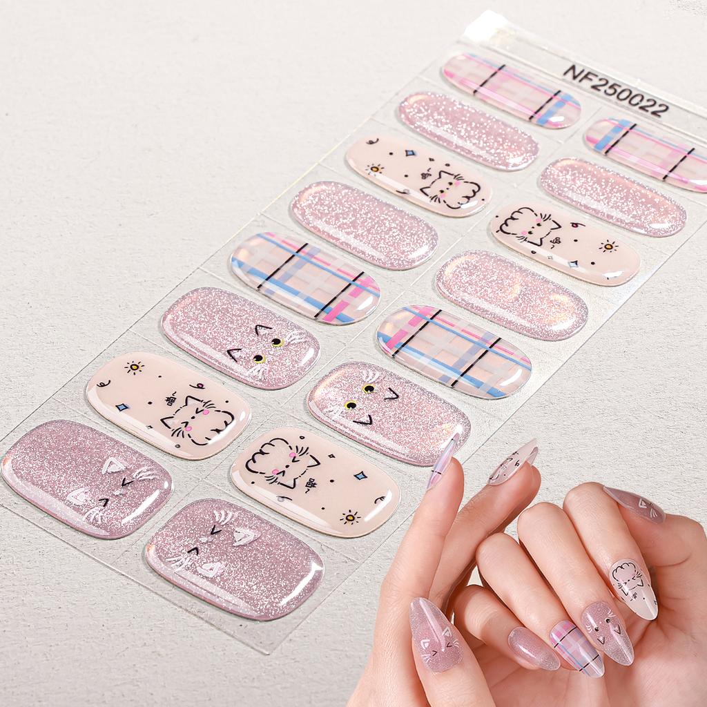 16tips Cartoon Cute Animal Semi Cured Gel Nail Strips Glitter Cat Eye Self-Adhesive Gel Nail Wraps Full Cover UV Nail Sticker