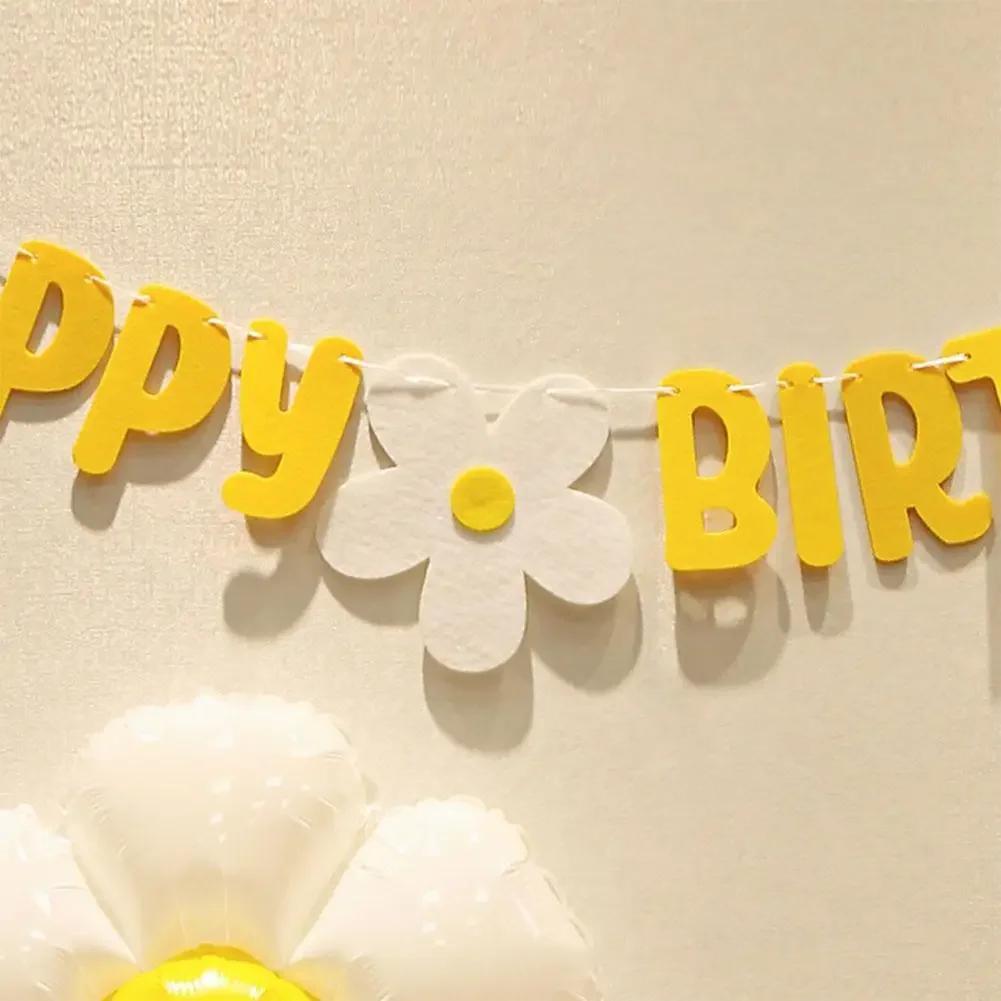 New Baby Shower Daisy Happy Birthday Banner White Flower Birthday Sign Garland Decoration Happy Daisy Flag Yellow Flower Party