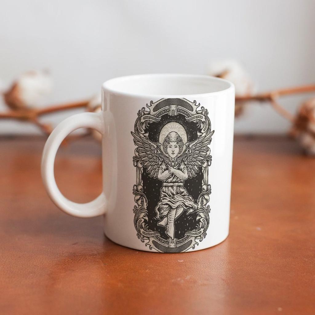 11oz White Ceramic Cup with Printed Surfaces, Glossy Body and Comfortable Hold for Coffee, Tea and Hot Drink Routines