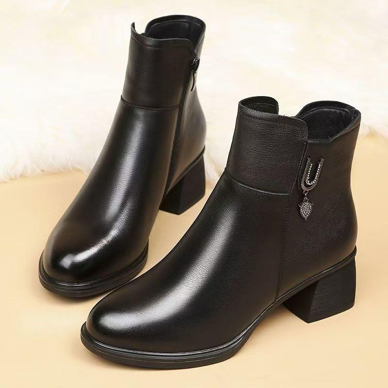Fashion Women Soft Leather Boots Fashion Pointed Leather Boots High Top Cotton Shoes for Women Casual High-heel Ankle Boot Botas Mujeres