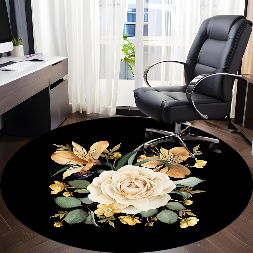 1pc Cream Rose Arrangement Chair Carpet for Office, Round Non-Slip Durable Large Size Office Carpet, Suitable for Office, Beautiful Decoration