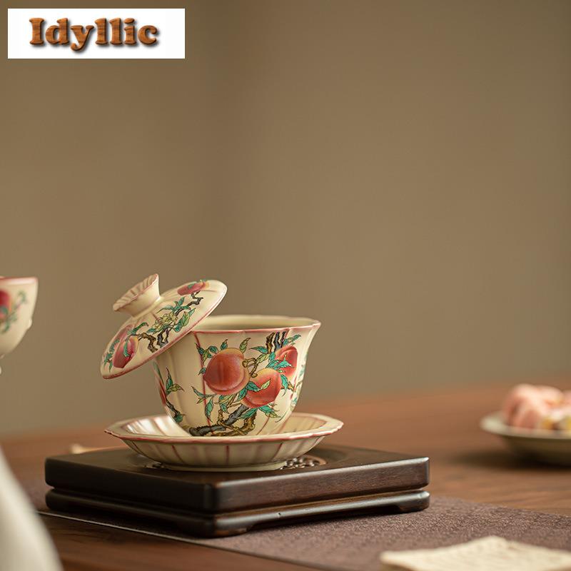 170ml Ru Kiln Lard Jelly Hand Painted Peach Gaiwan Boutique Tea Tureen Cover Bowl Tea Bowl With Lid Kit Tea Maker Cha Collection