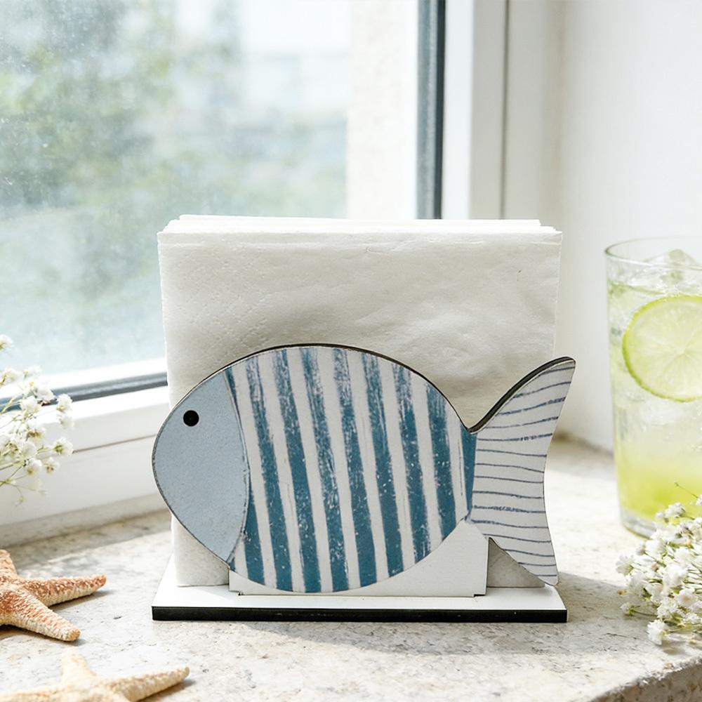 Wooden Tissue Holder Designed In a Fresh Ocean Blue Striped Fish Style,Perfect for Mediterranean-Themed Decor,kitchen Holder