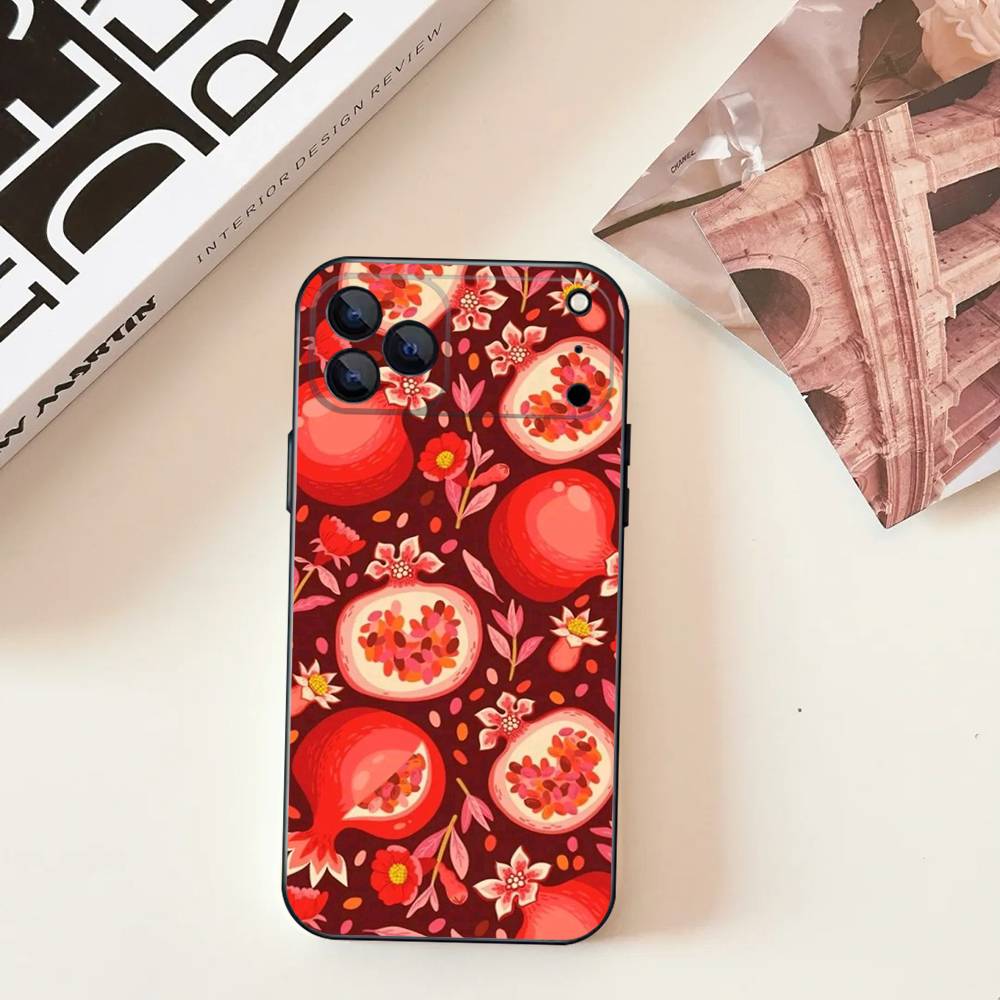 Pomegranate Flower Pattern For iPhone 17,16,15,14,13,12,11,Pro,Max,Plus,E,SE4,Air,Mini Black Soft Cover Phone Case