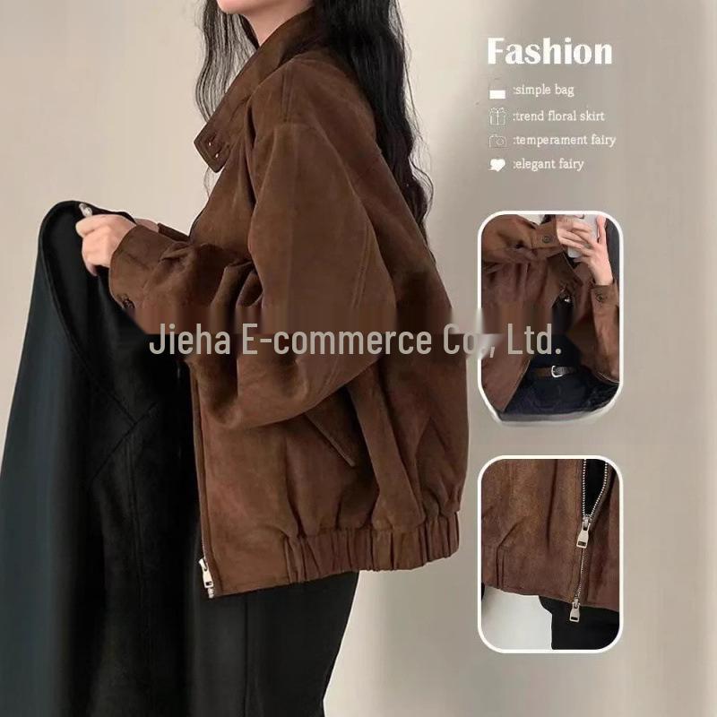 Women's Retro Faux Suede Jacket - Slim Fit, Loose, Short Top for Spring & Autumn