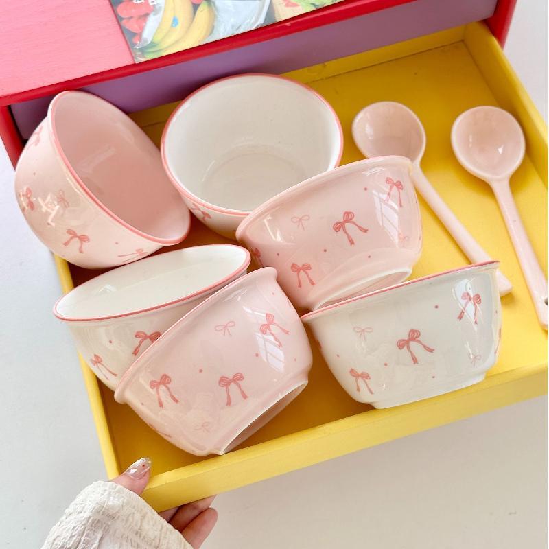 Set de 2 boluri ceramice cu 2 linguri Bol Drăguț Cadou Boluri ceramice Cadouri de ziua de naștere Desert Utilizare zilnică