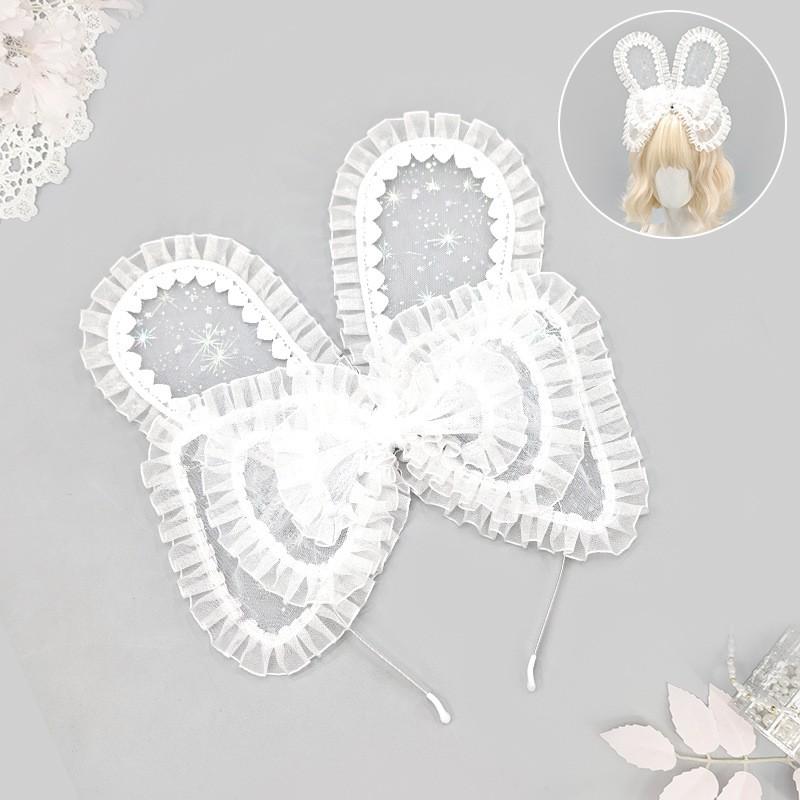 Handmade Lolita Rabbit Ear Headband With Tulle Bow Soft Plush Ears Sweet Kawaii Style Hair Accessory