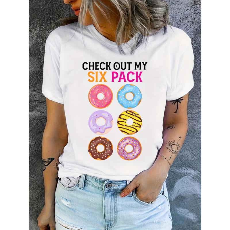 Women s Funny  Check Out My Six Pack  Donut Print Loose Casual Summer T-Shirt S белый