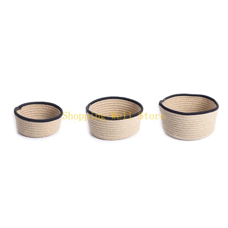 KX4B 3Pcs Round Braided Linen Baskets Handwoven Linen Rope Organization Baskets Portable Round Storage Container