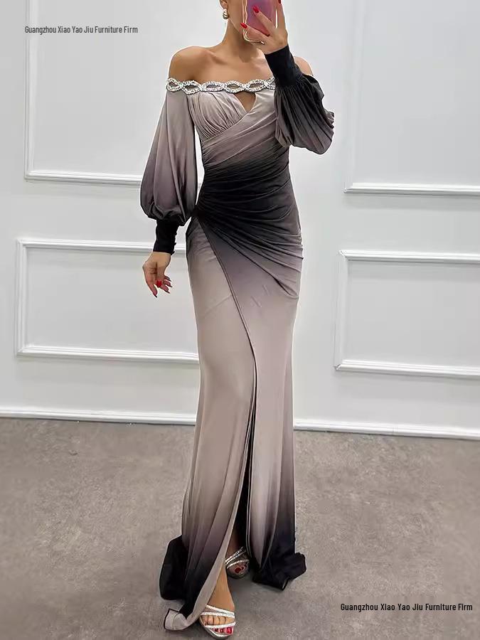 2026 Autumn/Winter One-Shoulder Printed Dress - Long Sleeve Casual Party Wear for Women