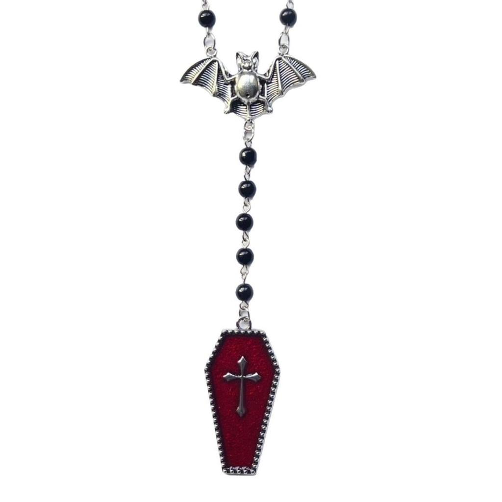 Dark Y2k Goth Bat Cross Beaded Necklace With Alloy Chain For Fashion Lovers