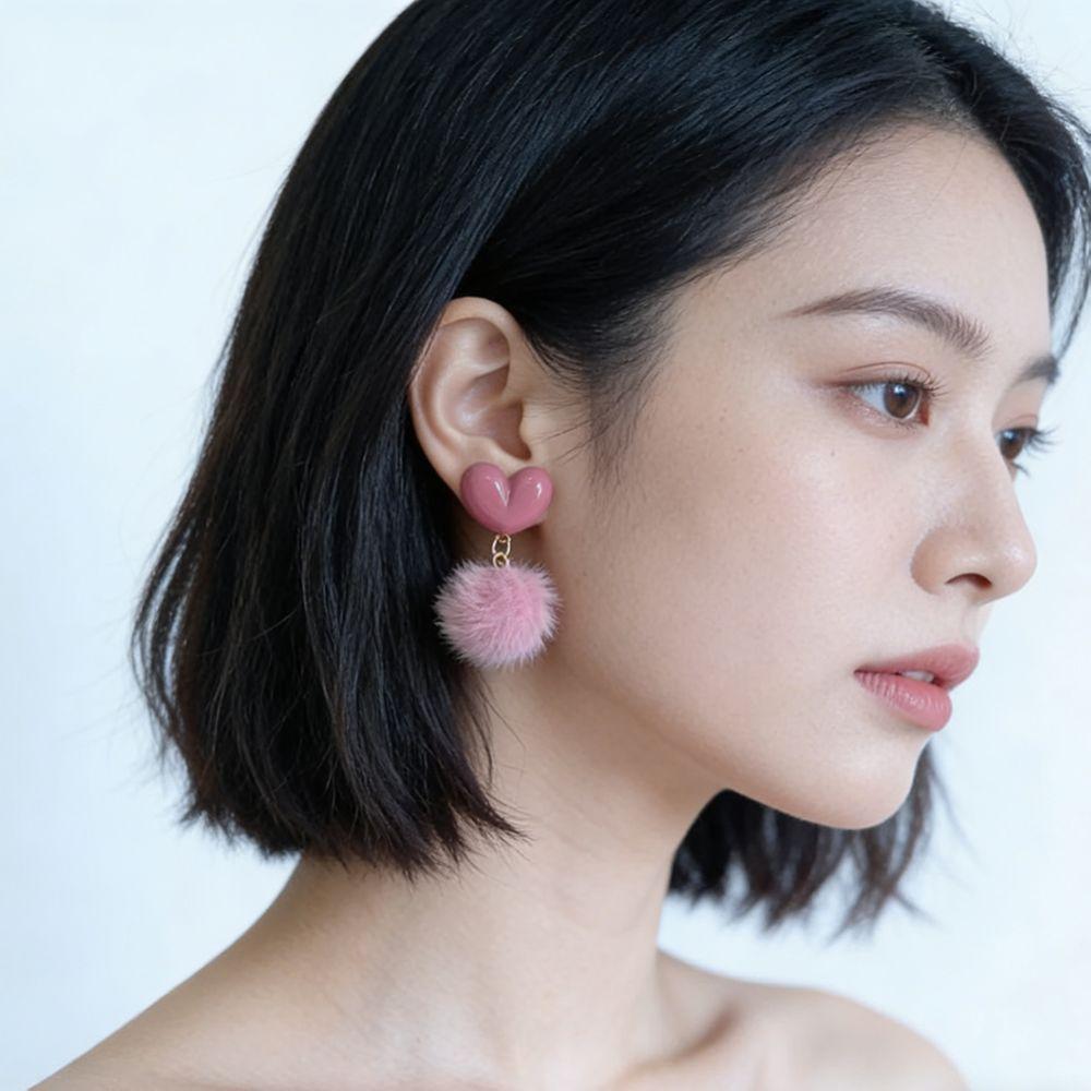 Sweet Plush Ball Earring Ear Stud Valentine's Day Earring Heart Shaped Earrings Wedding