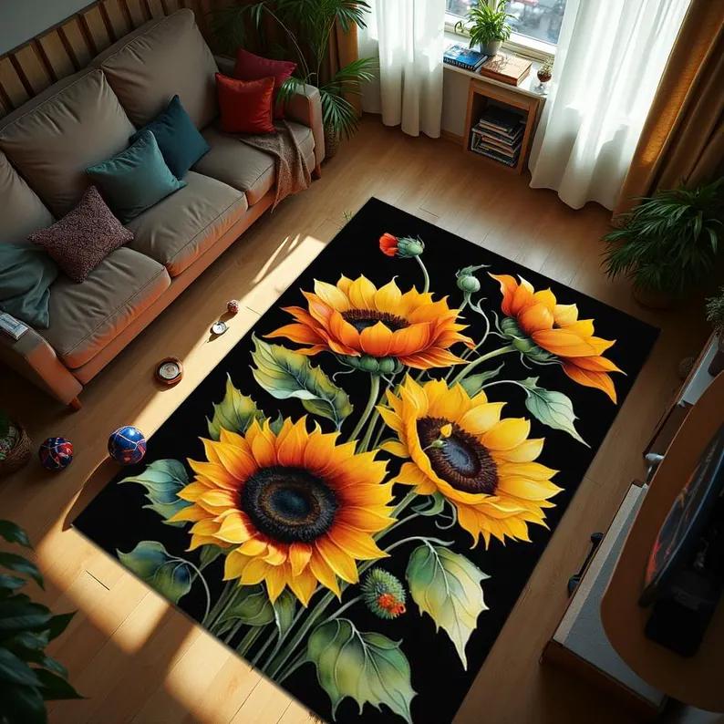 Boho Sunflower Carpet Floral Print Soft Non-slip Water-absorbent Rug Botanical Mat for Living Room Bedroom Study Daily Decor