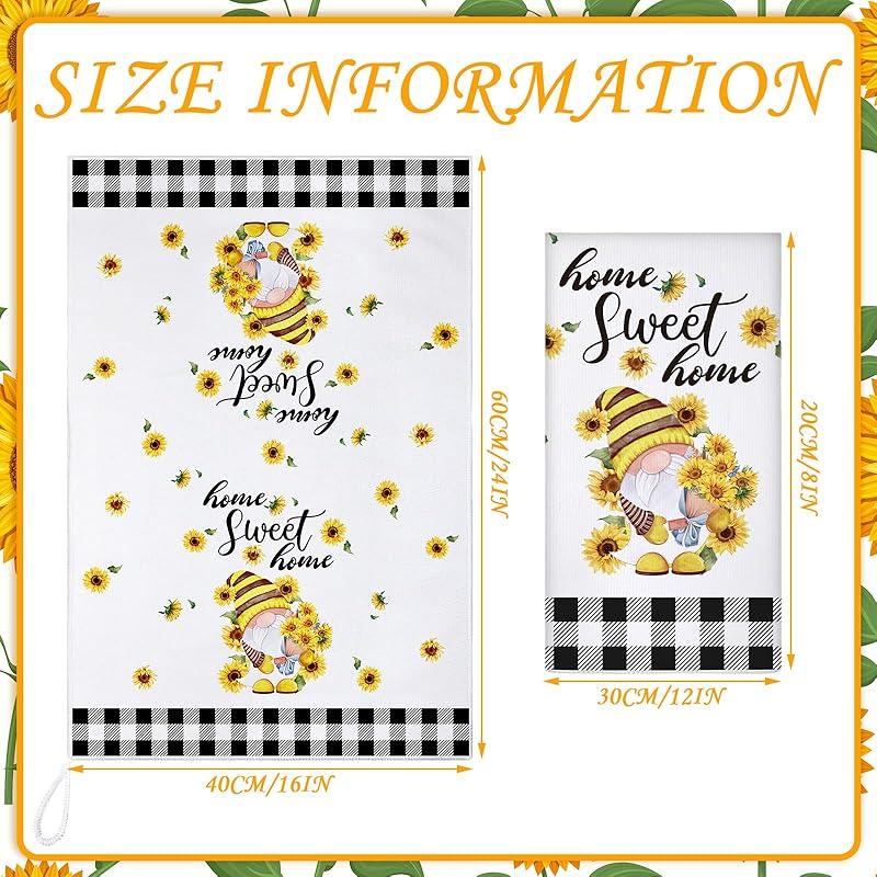 Kajaia 4 Pcs Bee Sunflower Kitchen Towels Summer Gnome Dish Towels Watermelon Lemon Tea Towels Sunshine Hand Towels Abso Large