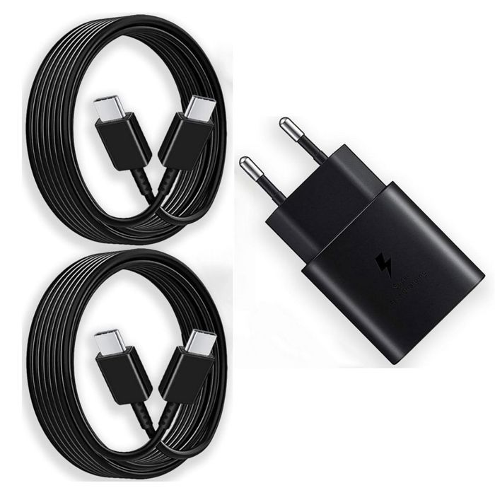 Chargeur Rapide 25W - E.F.CONNECTION - Noir - 2 Câbles USB-C 1M - Compatible Samsung Galaxy A16/A17/A36/A56